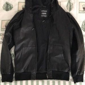 Zip-up hooded black leather jacket